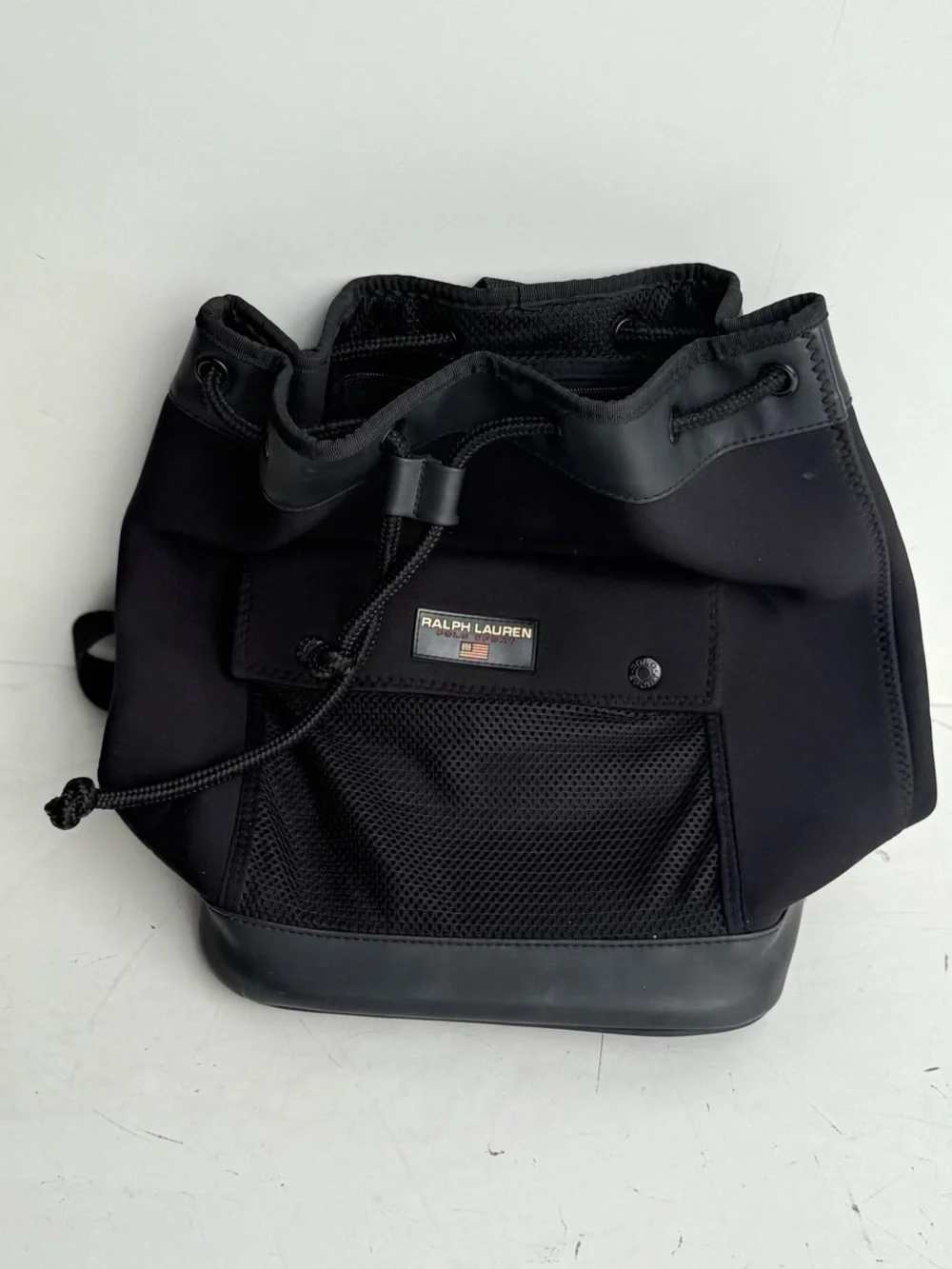 Ralph Lauren Black Drawstring Messenger Bucket Bag